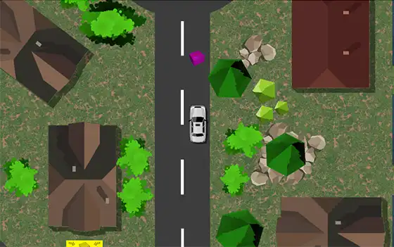 A in-game screenshot showing a car on a road from bird view. On the road ahead is a colored package waiting for pickup.